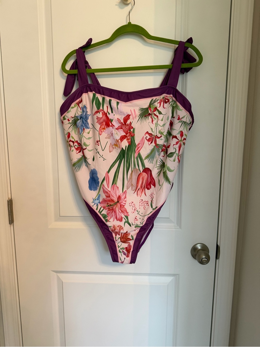 Nwot Floral One-Piece Swimsuit with Purple Trim and mesh sarong